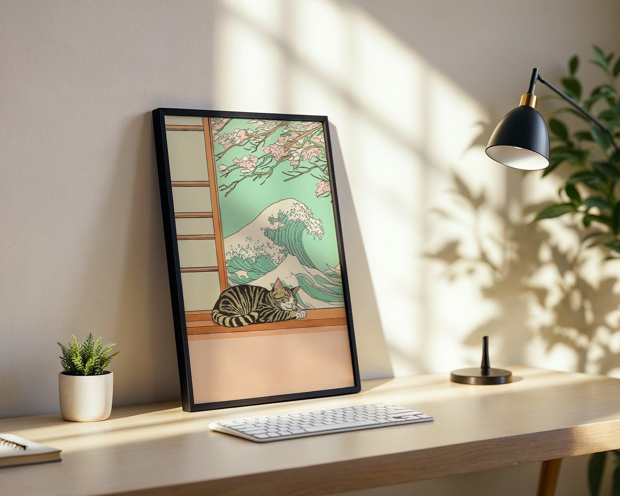 Väggmockup av Sleeping Cat Wave affisch på ljus vägg – Bozetto konsttryck – nr 2