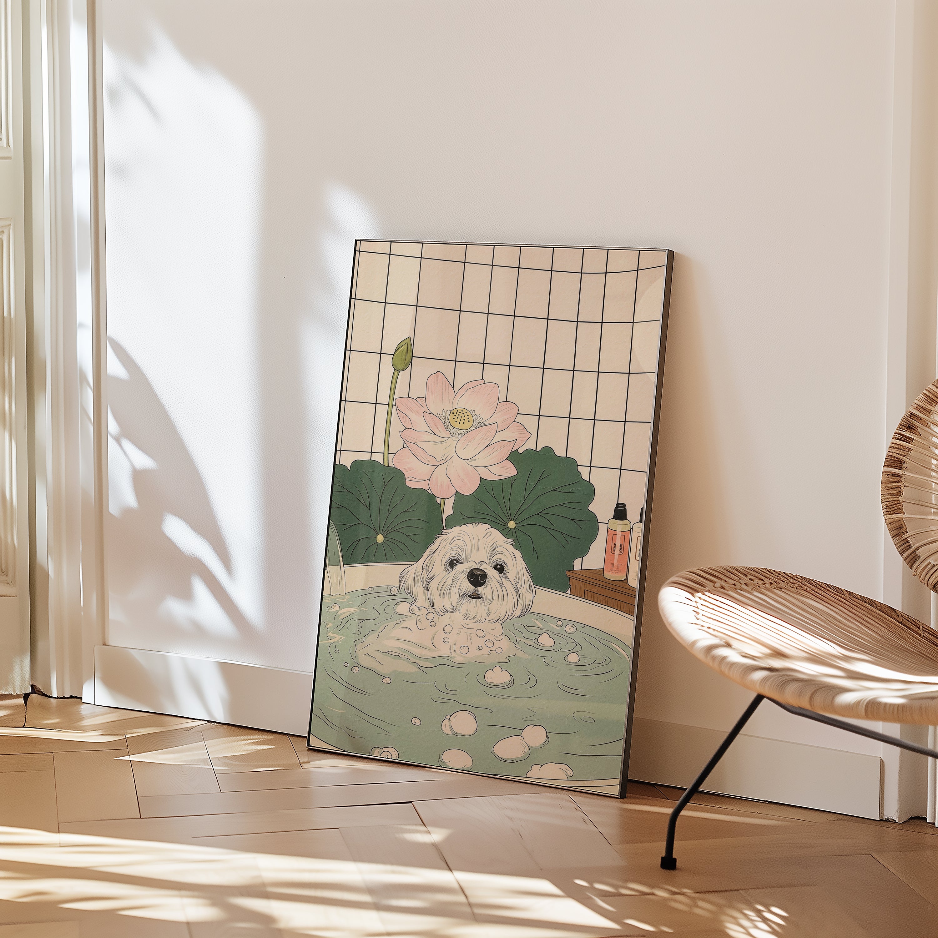 Väggmockup av Peaceful Pup Moment affisch på ljus vägg – Bozetto konsttryck – nr 2