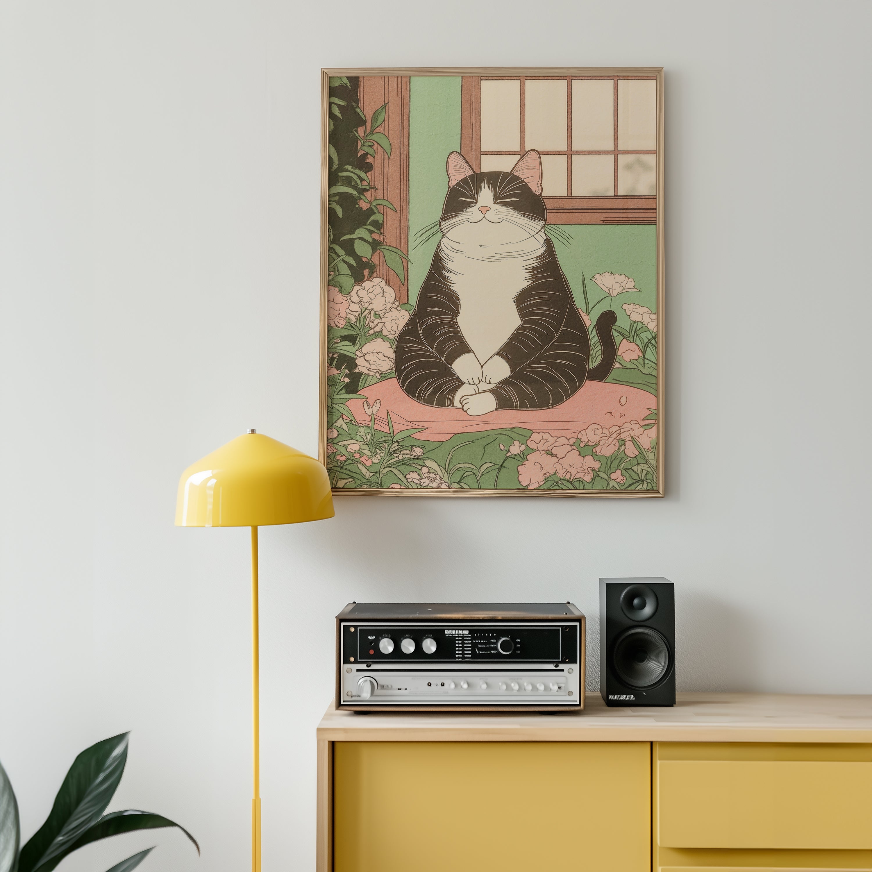Zen Cat poster visualiserad på vägg – se rätt storlek med mockup från Bozetto i hög tryckkvalitet