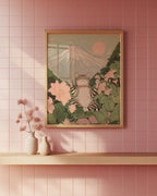 Väggmockup av Cat Under Mount Fuji affisch på ljus vägg – Bozetto konsttryck – nr 2