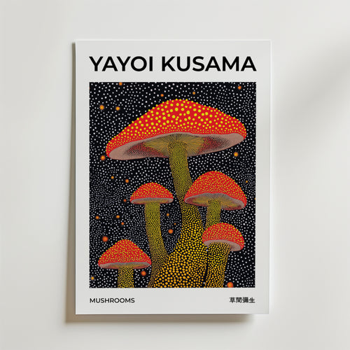 Yayoi Kusama Mushrooms – stilfullt konsttryck från Bozetto, tryckt på matt finpapper