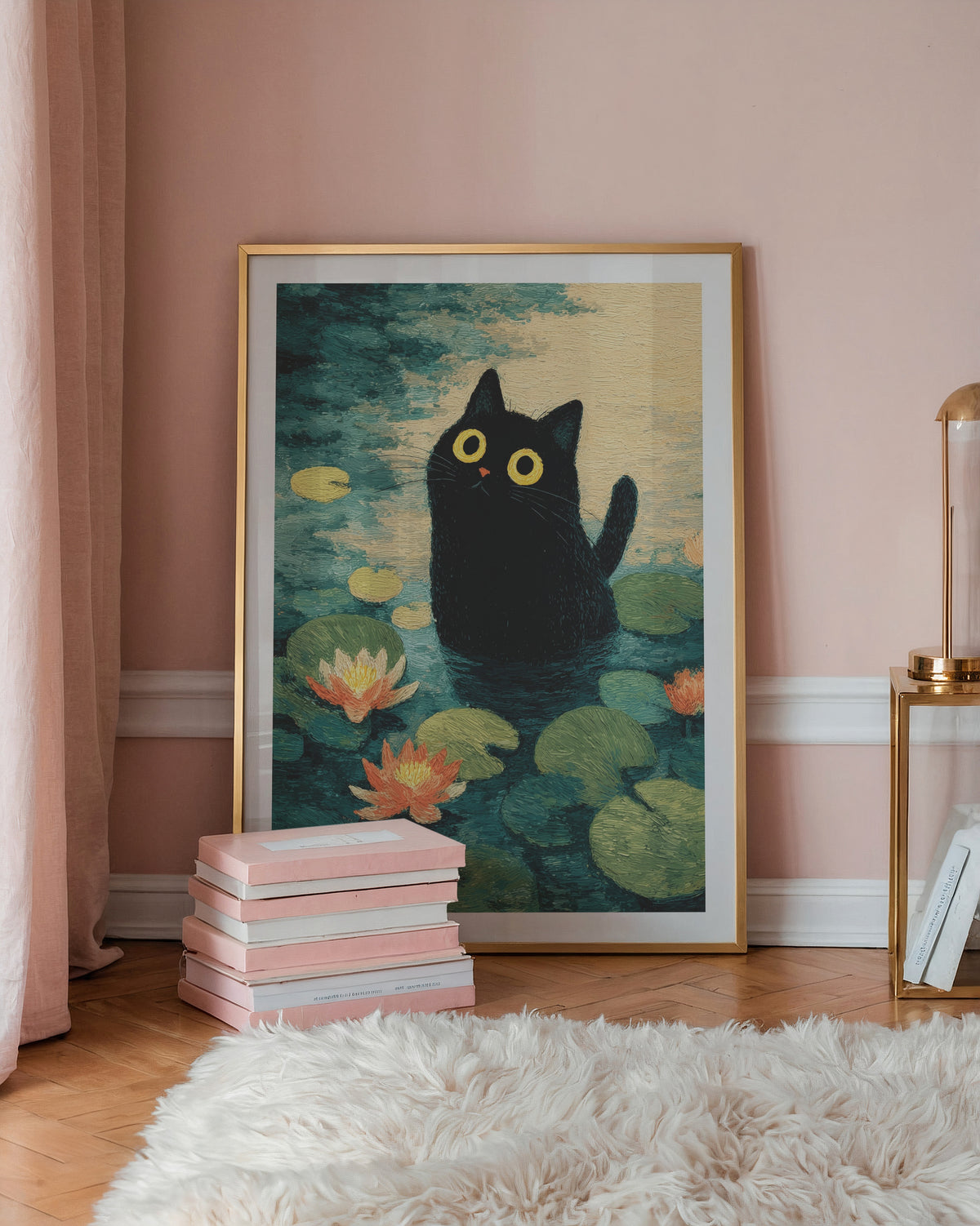 Lily Pond Cat poster inramad med passepartout i stilren miljo, Bozetto konsttryck