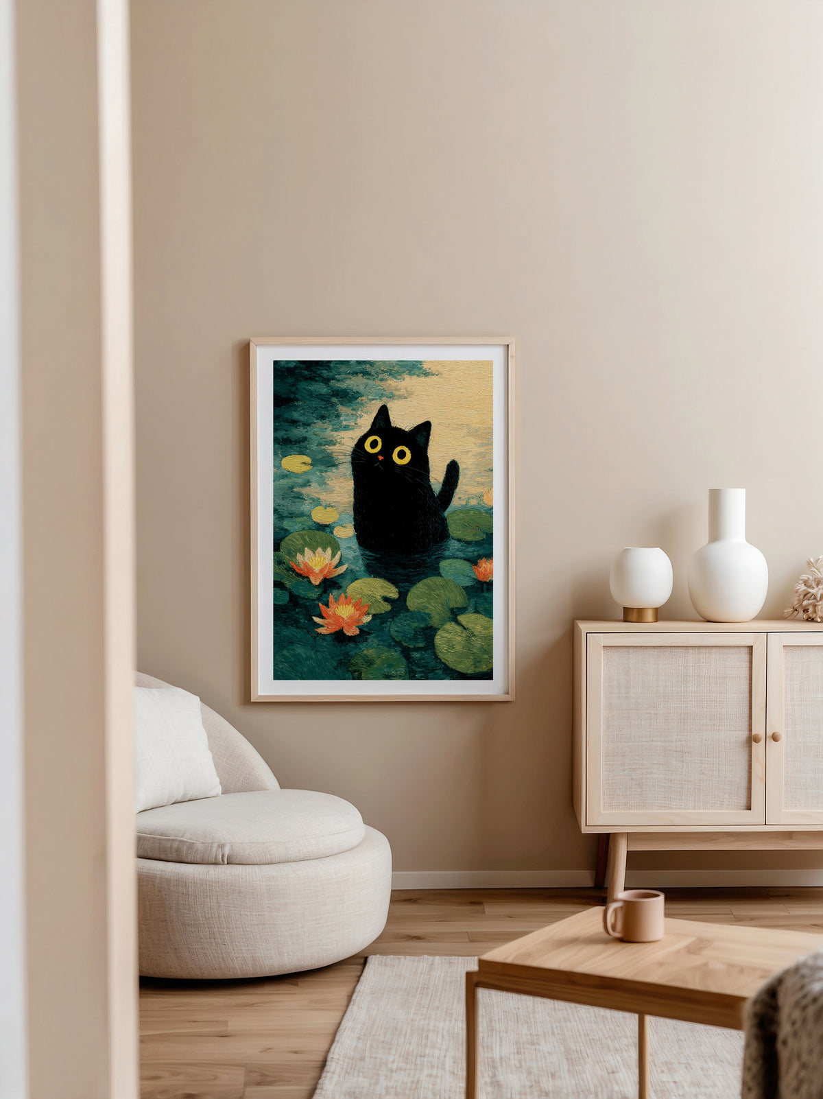 Lily Pond Cat poster pa vagg med passepartout i hemmiljo, Bozetto