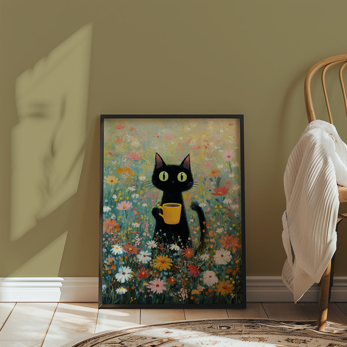 Morning Coffee Cat poster i inramad vagg utan passepartout - stilren inredning fran Bozetto