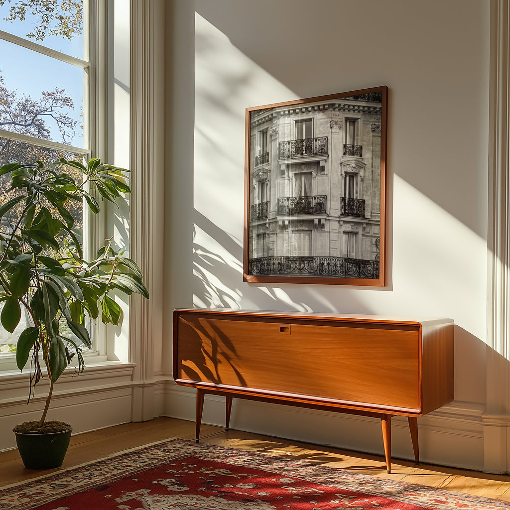Väggmockup av Paris Balcony affisch på ljus tegelvägg – Bozetto konsttryck i hög tryckkvalitet