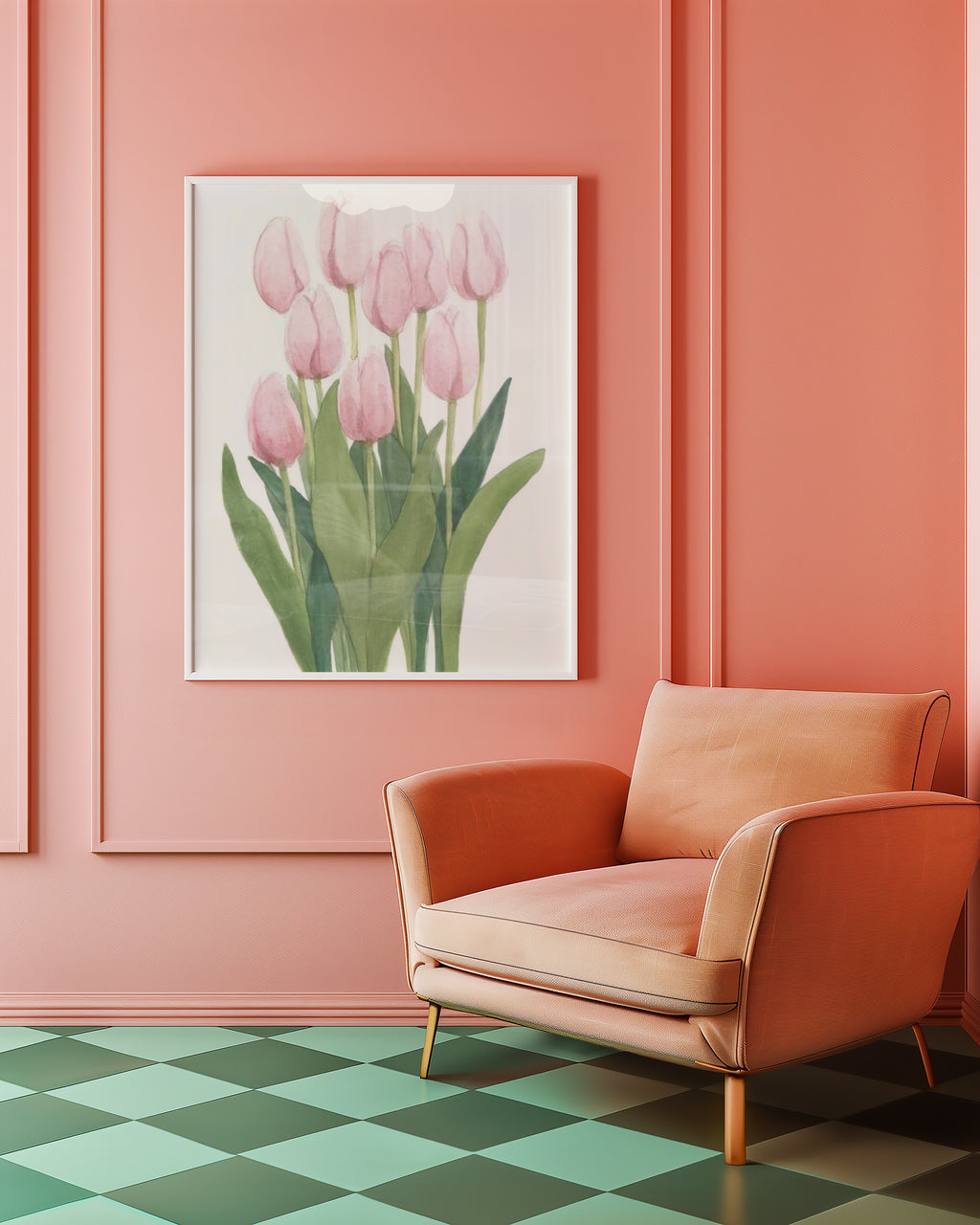 Pink Tulips poster visualiserad på vägg – se rätt storlek med mockup från Bozetto