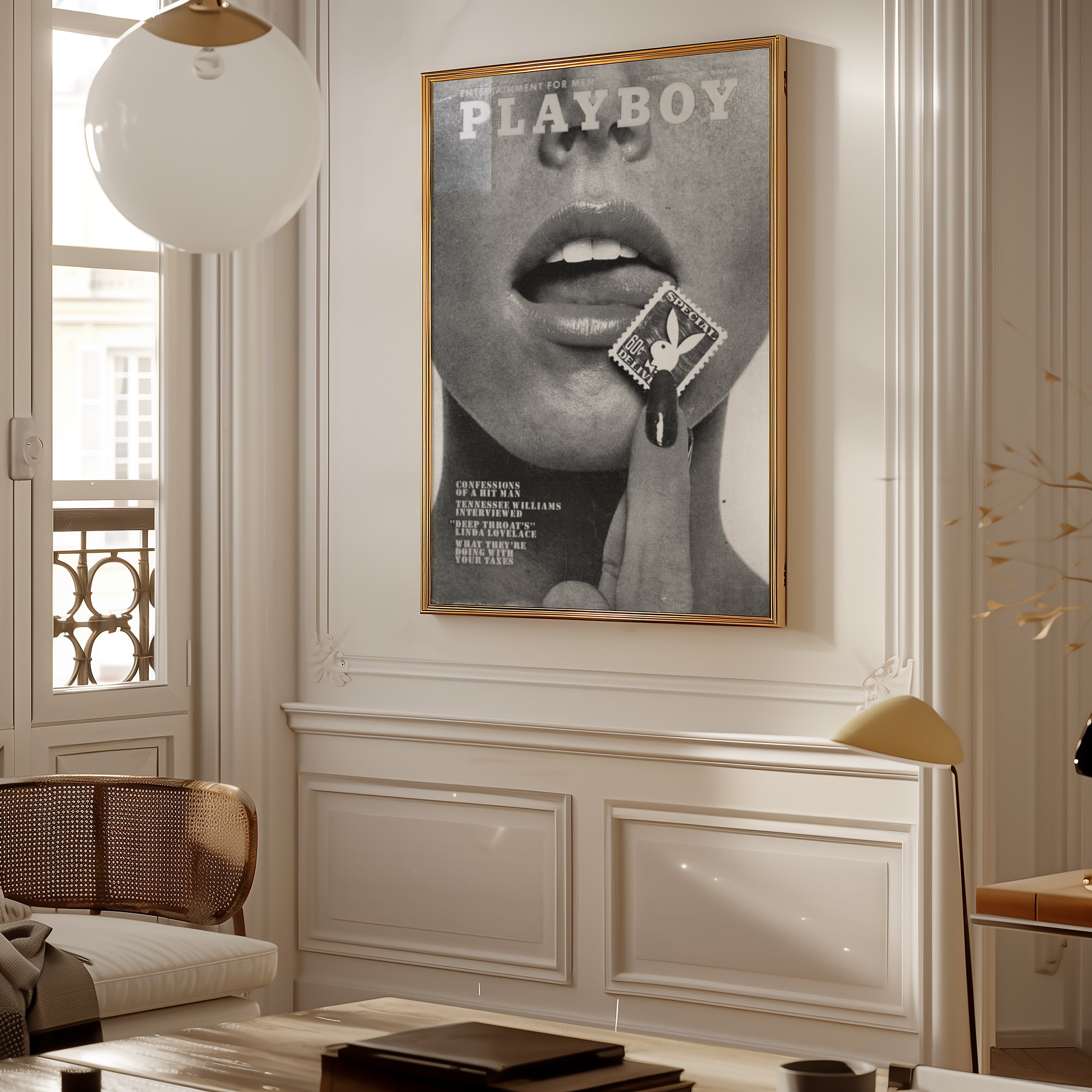 Väggmockup av Playboy Lips affisch på ljus tegelvägg – Bozetto konsttryck i hög tryckkvalitet