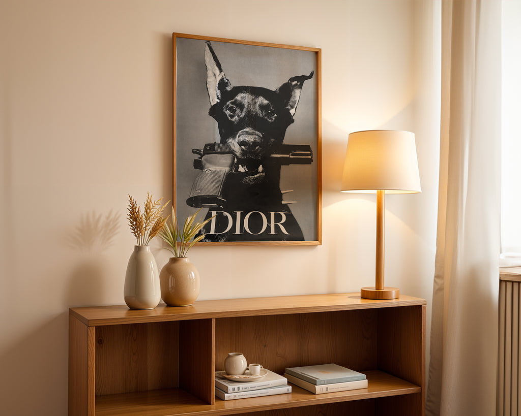 Väggmockup av Dior Doberman affisch på ljus tegelvägg – Bozetto konsttryck i hög tryckkvalitet