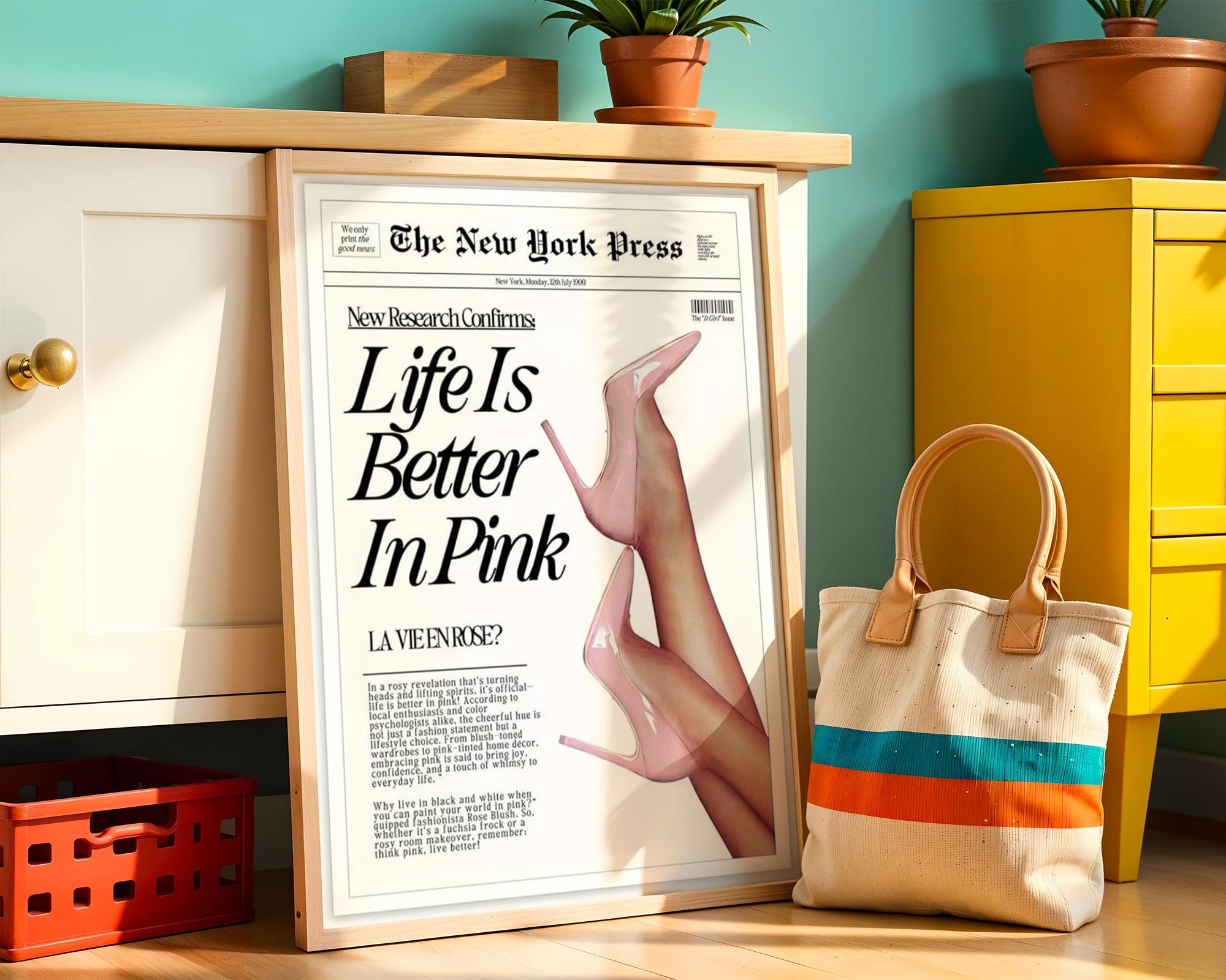 Life Is Better In Pink poster visualiserad på vägg – stilren mockup från Bozetto