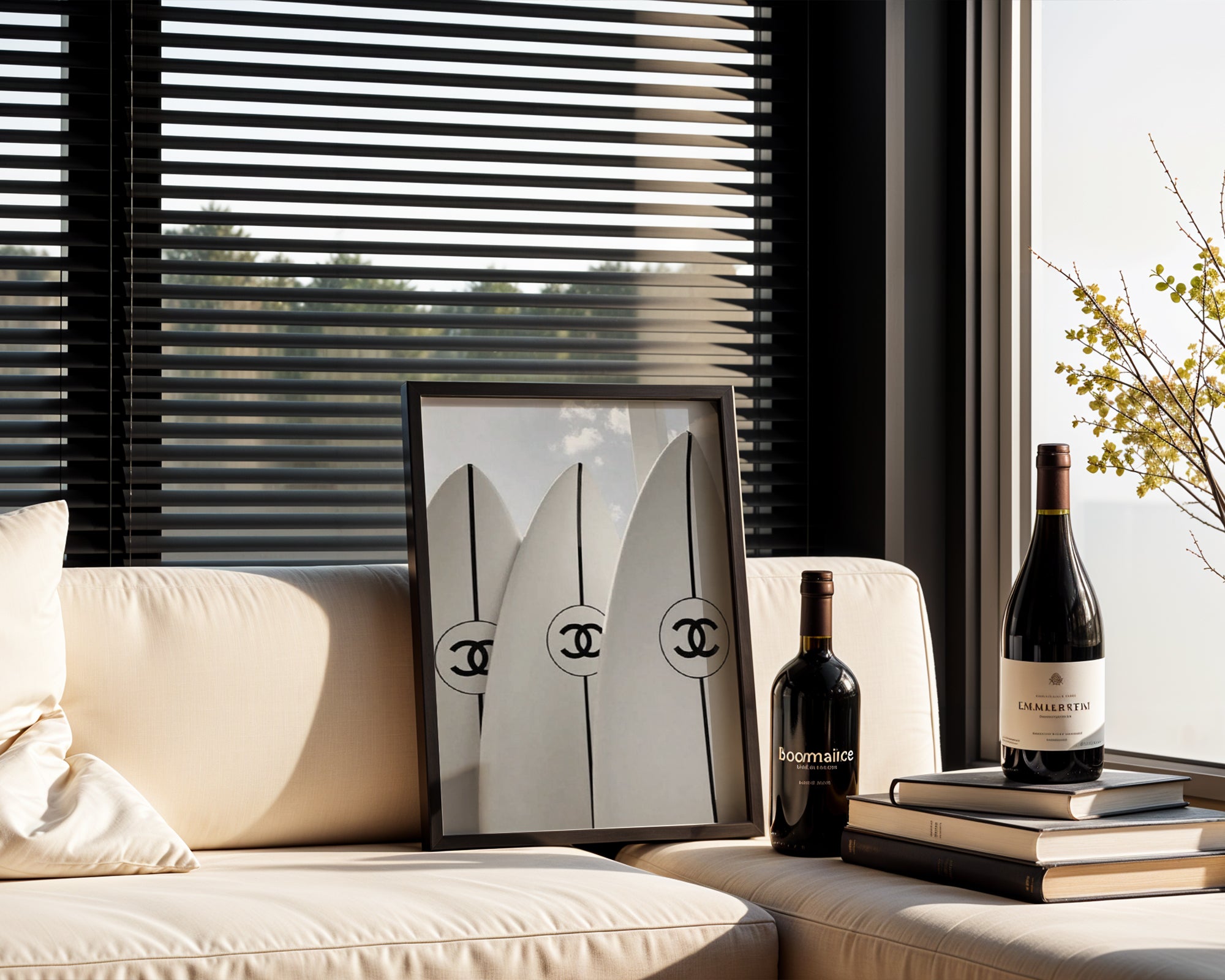 Chanel Surf No.2 poster visualiserad på vägg – se rätt storlek med mockup från Bozetto