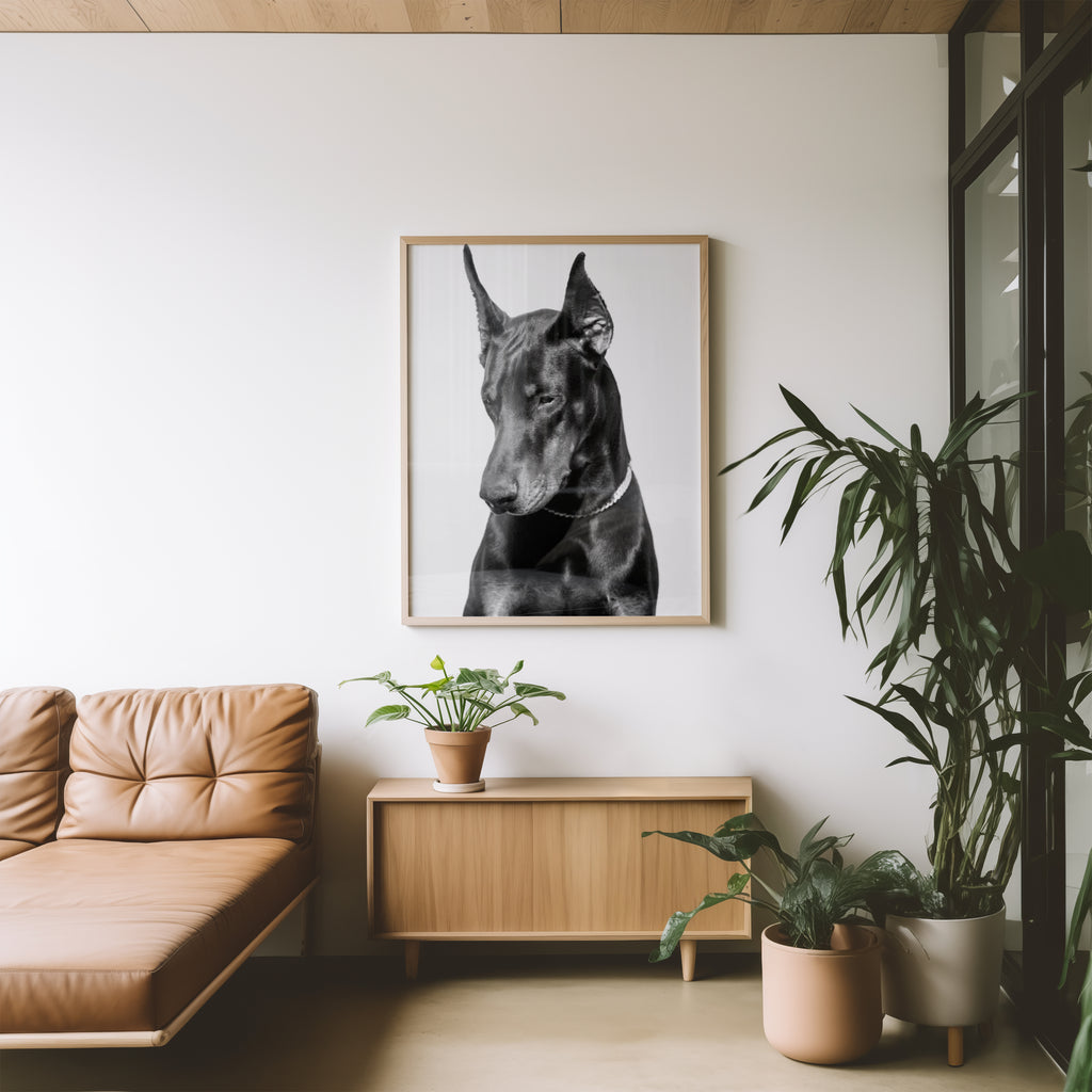 Noir Doberman poster visualiserad på vägg – se rätt storlek med mockup från Bozetto