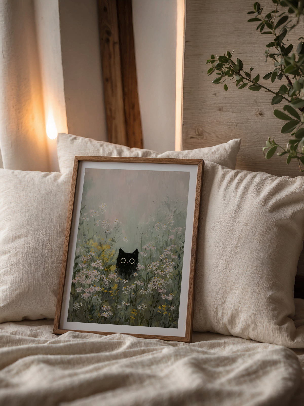 Silent Meadow Cat poster pa vagg med passepartout i stilren miljo, Bozetto
