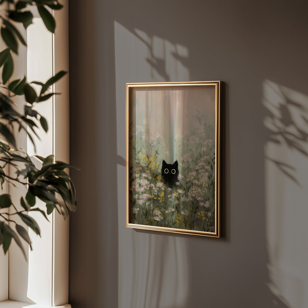 Silent Meadow Cat poster i hemmiljo utan passepartout, kant till kant motiv, Bozetto