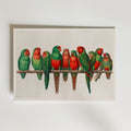 Scarlet Flock Poster – vintage illustration av röd-gröna papegojor på gren