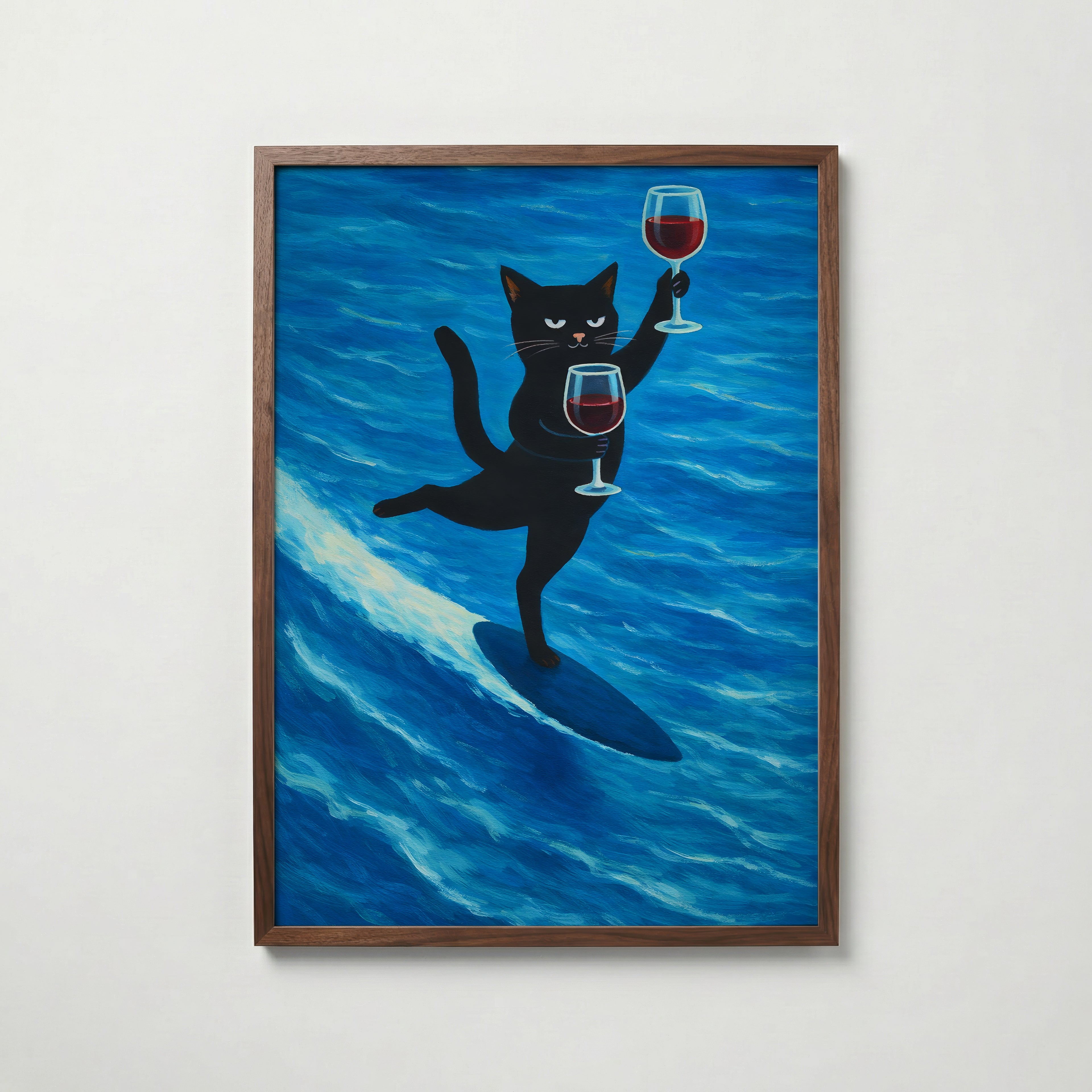 Surfing Wine Cat poster visad rakt fram – Bozetto affisch i hög tryckkvalitet i hög tryckkvalitet