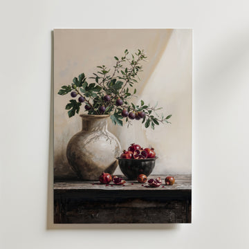 Terracotta Harvest Poster – stilleben med granatäpplen och fikon mot kalkad vägg
