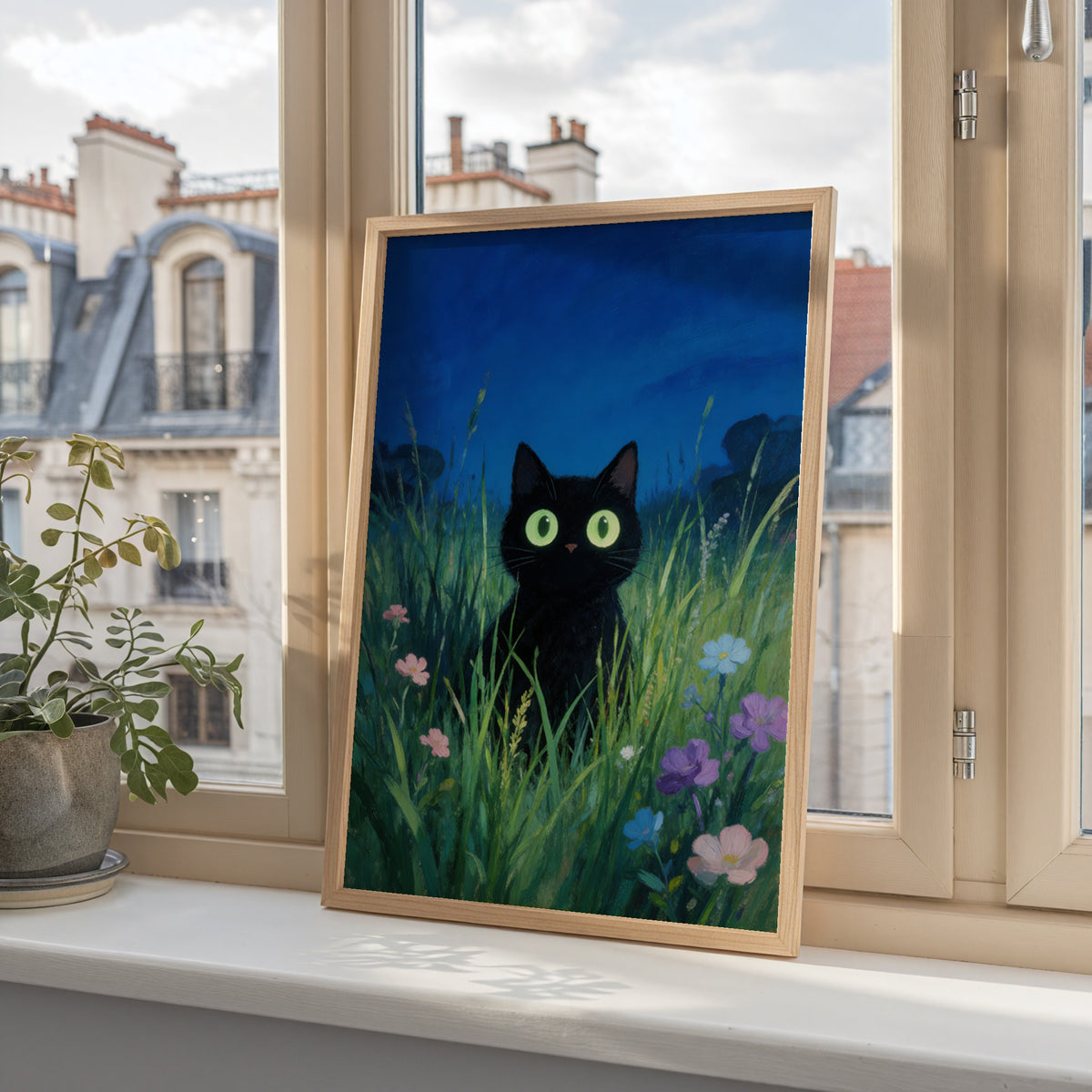 Verdant Night Cat tavla i ram utan passepartout på vägg – köp enkelt hos Bozetto i flera storlekar