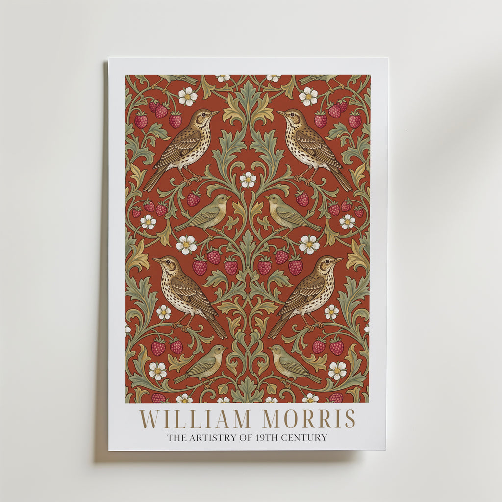 William Morris Thrushes and Strawberries on Terracotta Poster – med passepartout