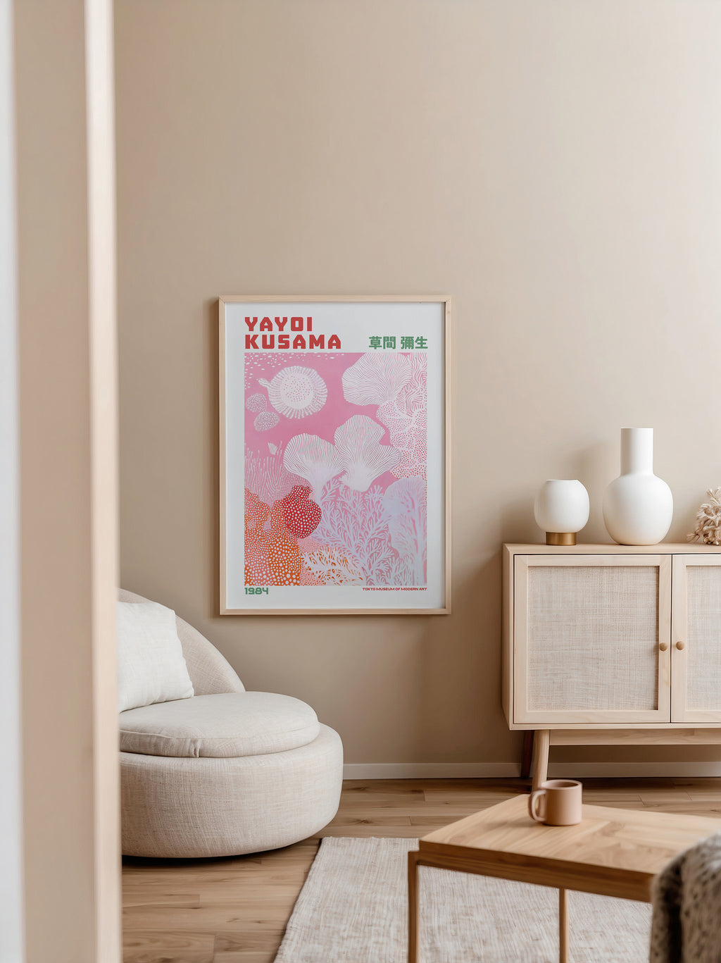 Väggmockup med Yayoi Kusama Coral of – köp enkelt hos Bozetto affisch i hög kvalitet