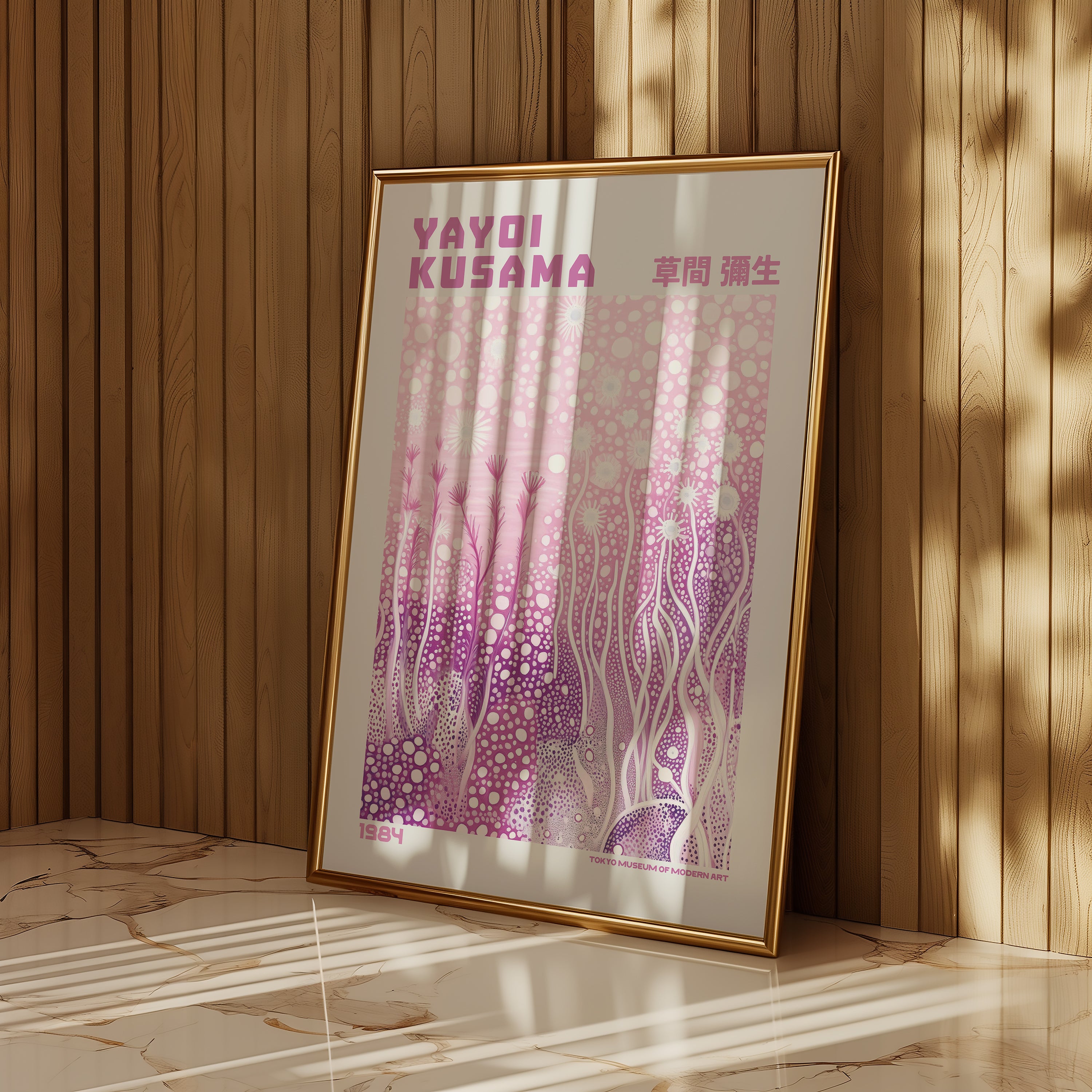 Väggmockup med Yayoi Kusama Pink Bloom – köp enkelt hos Bozetto affisch i hög kvalitet
