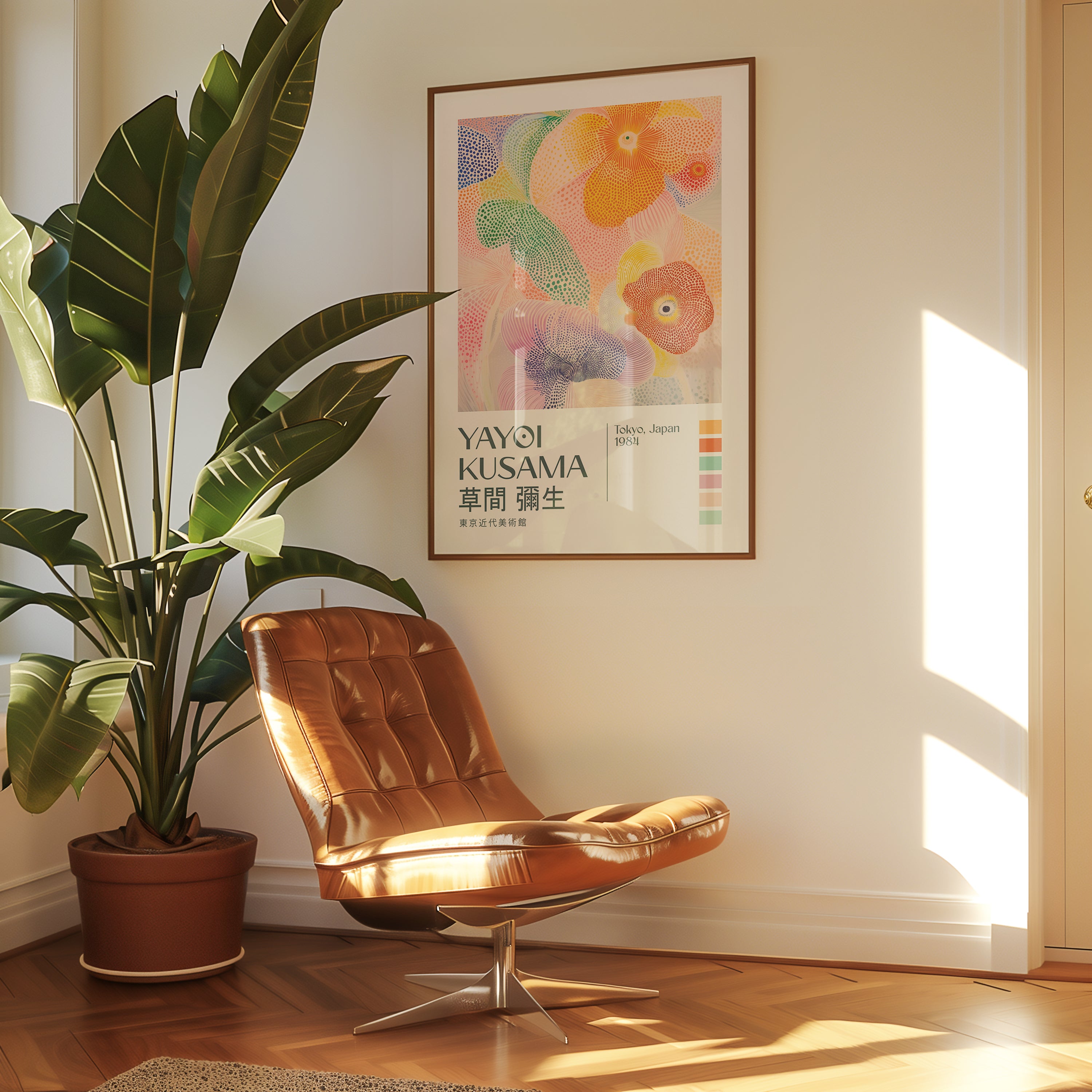 Yayoi Kusama Soft Blooming poster visualiserad på vägg – från Bozetto i hög kvalitet