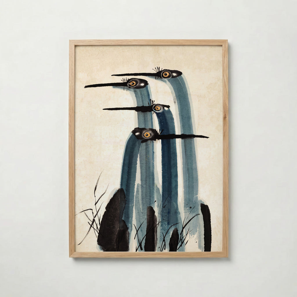 Ink Cranes Poster, japanskt tranmotiv i tusch i ekram, tryckt i Sverige av Bozetto