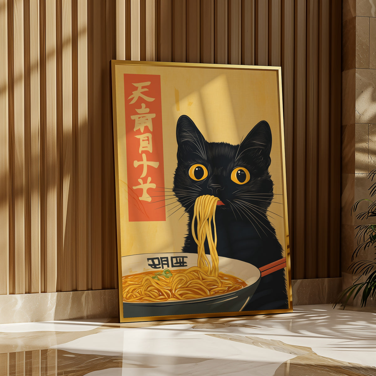 Black Cat Eats Ramen affisch i inramad miljö på vägg – Bozetto poster i hög tryckkvalitet