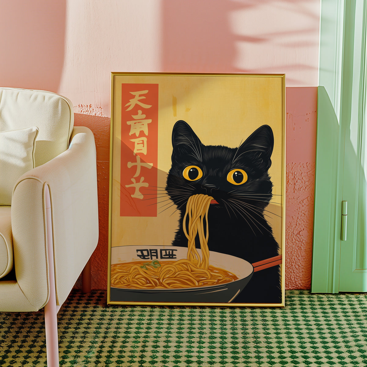Black Cat Eats Ramen affisch på vägg i hemmiljö – Bozetto poster i hög tryckkvalitet