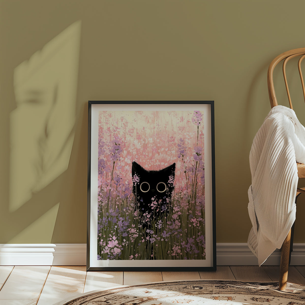 Cat in Bloom Poster med passepartout i ram på vägg