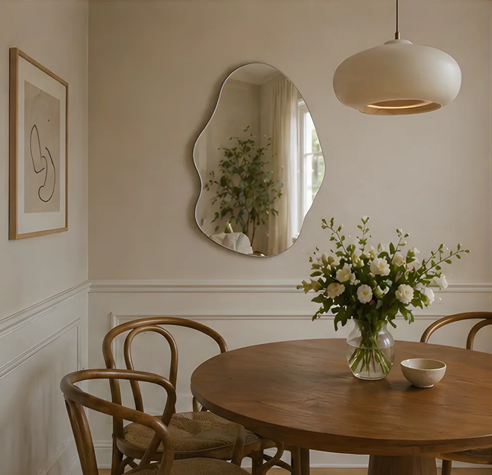 Asymmetrischer Spiegel an einer hellen Wand über einem runden Holztisch mit weißen Blumen