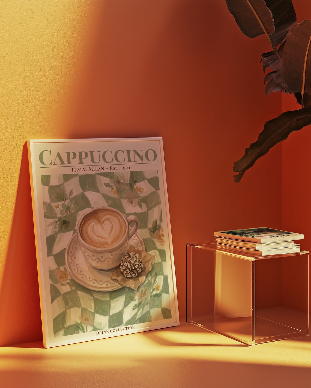 Cappuccino poster på vägg i hemmiljö – Bozetto konsttryck i hög tryckkvalitet