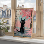 Cat in Apple Orchard Poster inramad pa en vagg i ett ljust vardagsrum