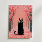 Cat in Cherry Blossom Poster, svart katt bland rosa korsblommor, konsttryck fran Bozetto