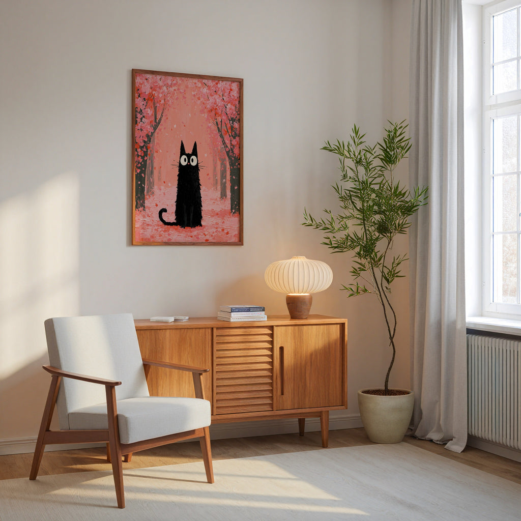 Cat in Cherry Blossom Poster i inramad miljo pa en vagg i ett ljust vardagsrum