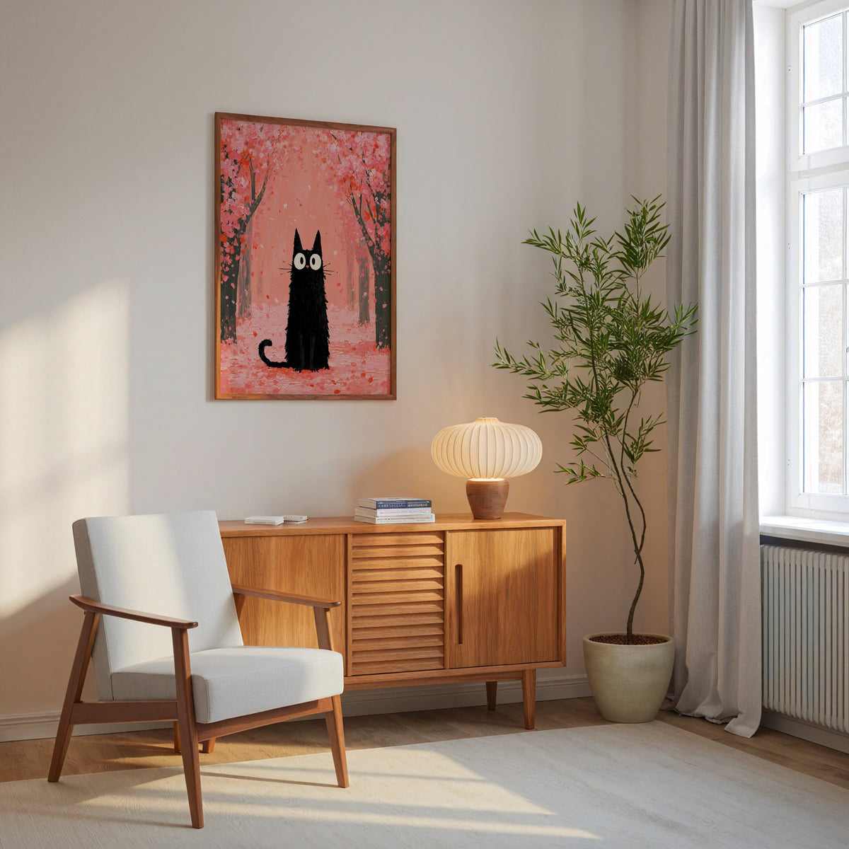 Cat in Cherry Blossom Poster i inramad miljo pa en vagg i ett ljust vardagsrum