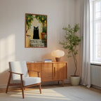 Cat in Lemon Garden Poster inramad pa en vagg i ett ljust vardagsrum