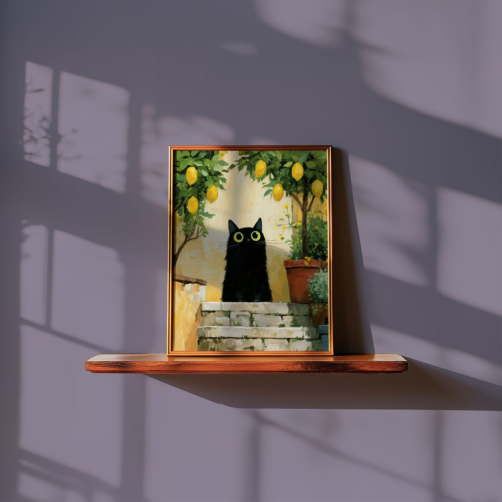 Cat in Lemon Garden Poster som inredningsdetalj over en soffa
