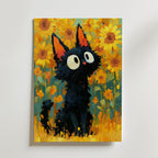 Cat in Sunflower Poster, svart katt bland gyllene solrosor, konsttryck fran Bozetto