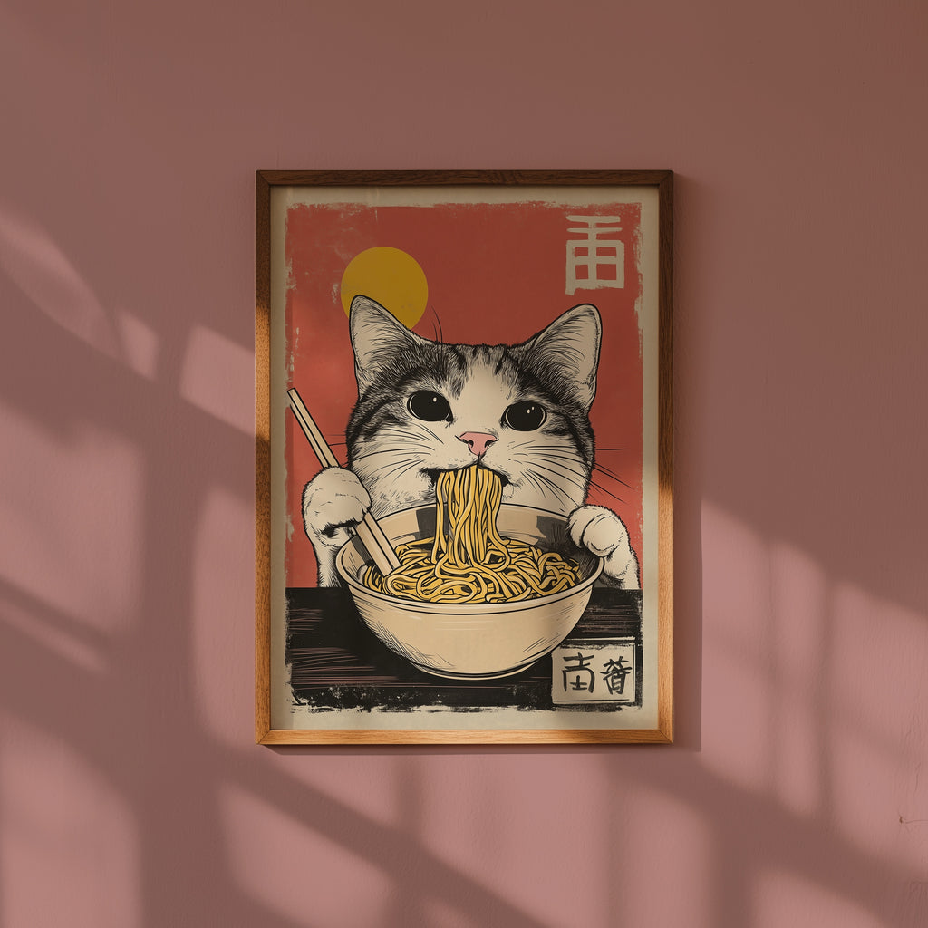 Cat Eats Noodle affisch i inrett rum – Bozetto poster i hög tryckkvalitet
