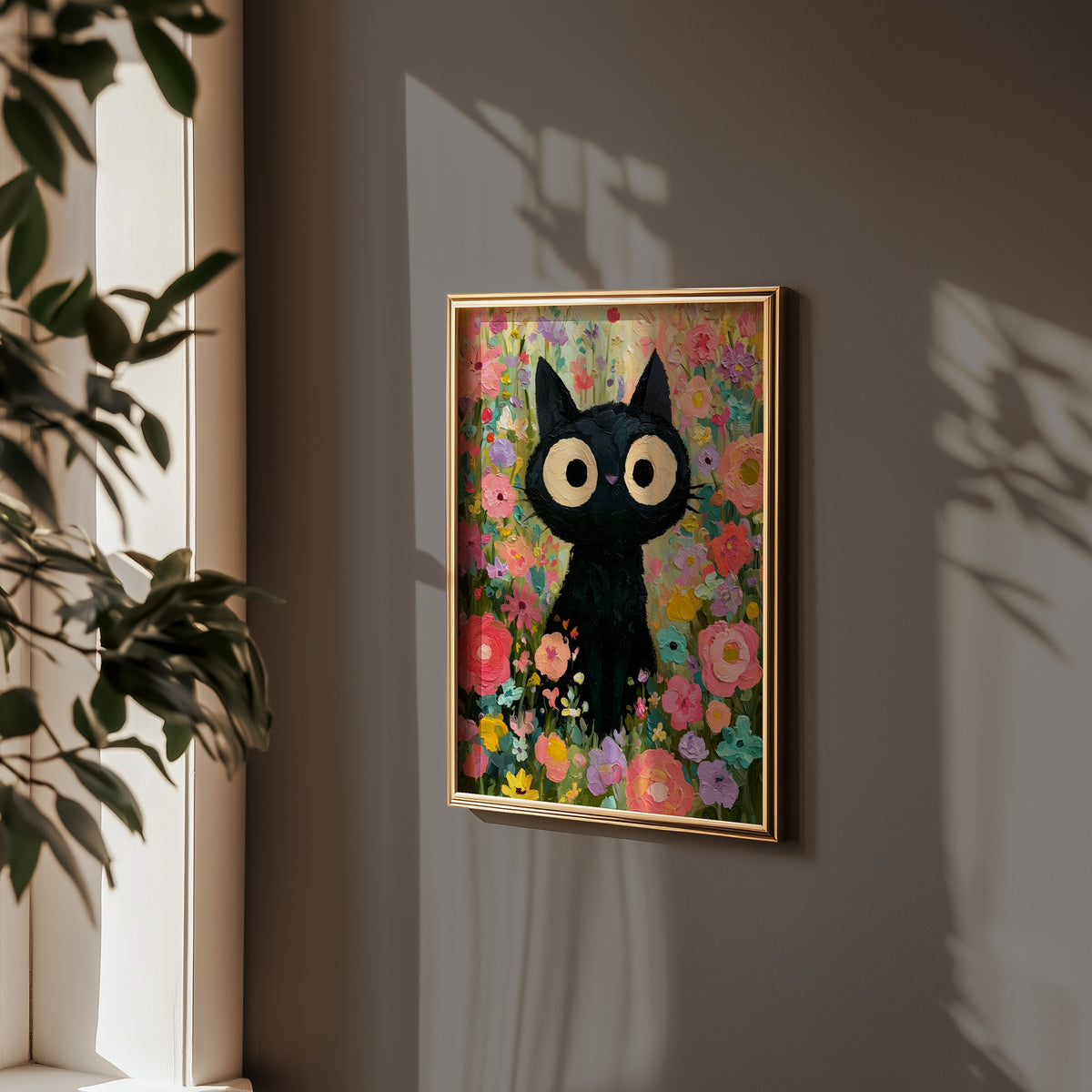 Colorful Cat in Bloom Poster inramad ovanför möbel