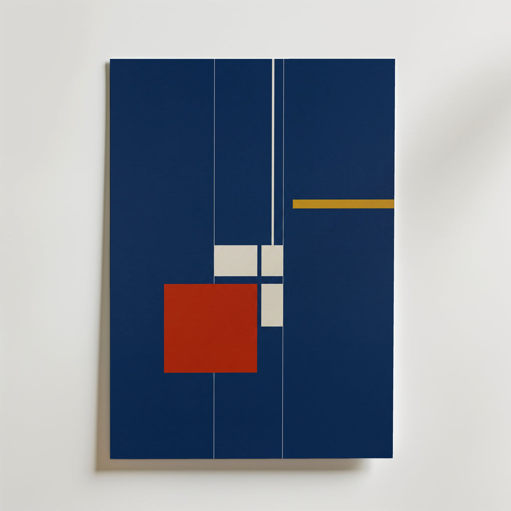 Constructive Red Poster på canvas, marinblå bauhauskomposition med röd kvadrat, från Bozetto