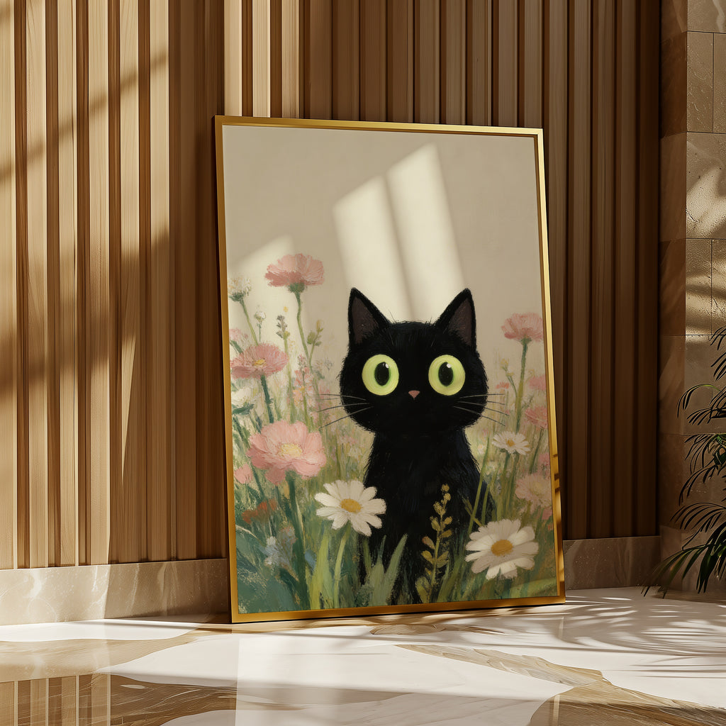 Curious Meadow Cat Poster inramad i stilren heminredning