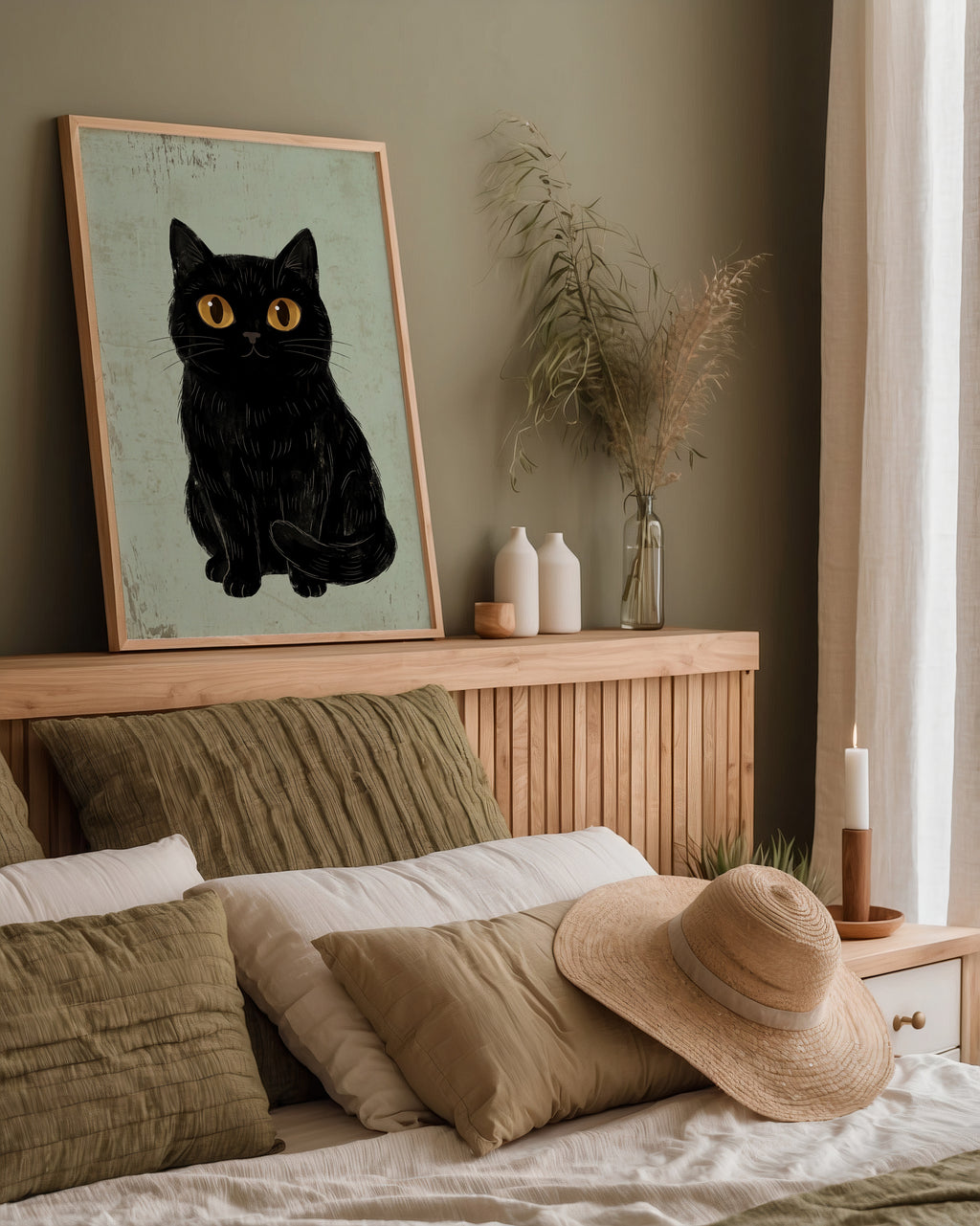 Curious Cat Poster, naivistisk svart katt med stora gula ögon i inrett rum, tryckt i Sverige av Bozetto