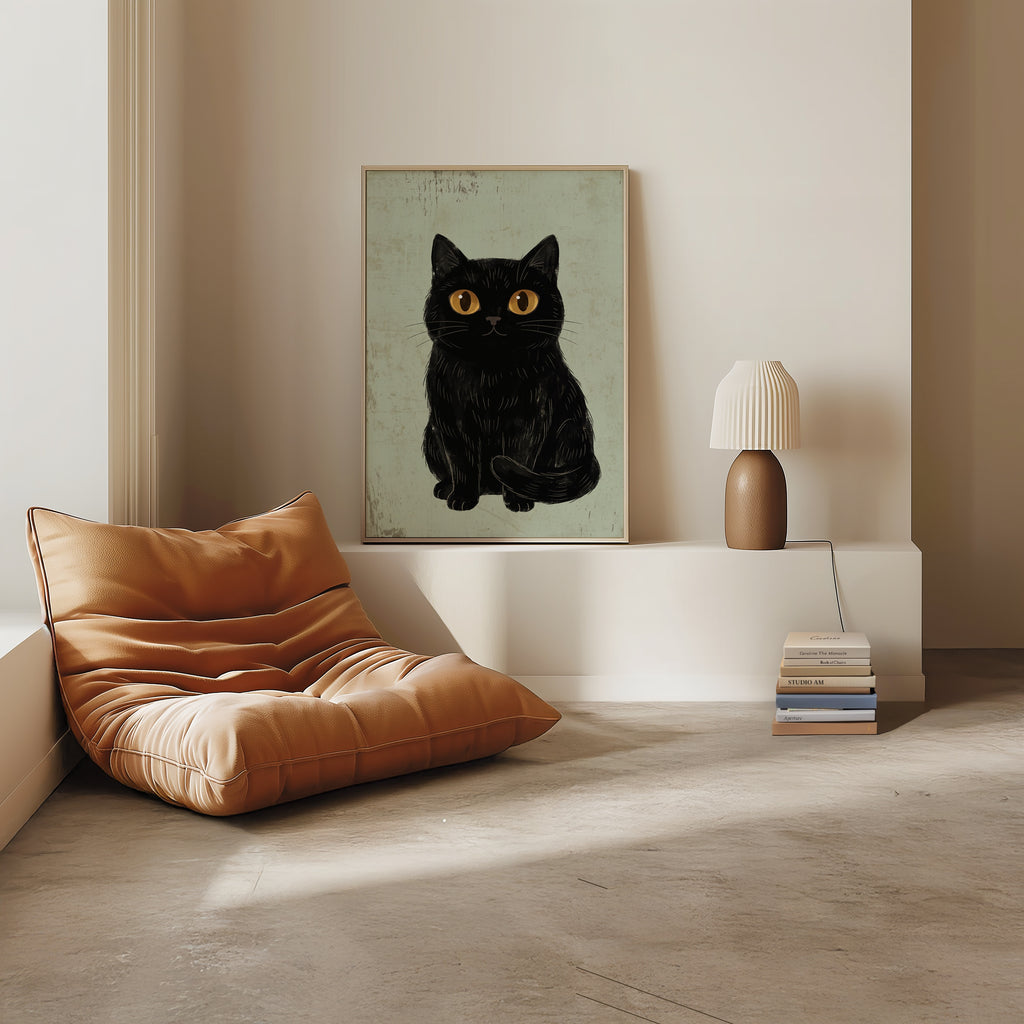 Curious Cat Poster, naivistisk svart katt med stora gula ögon på vägg i hemmiljö, konsttryck från Bozetto