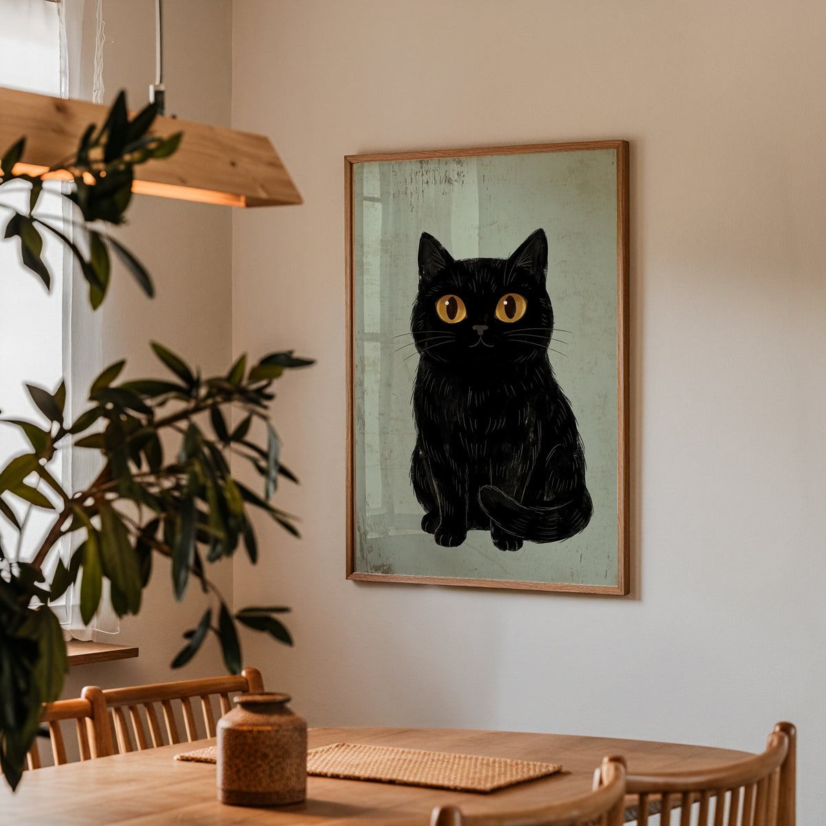 Curious Cat Poster, naivistisk svart katt med stora gula ögon i stilren inredning, fri frakt över 499 kr hos Bozetto