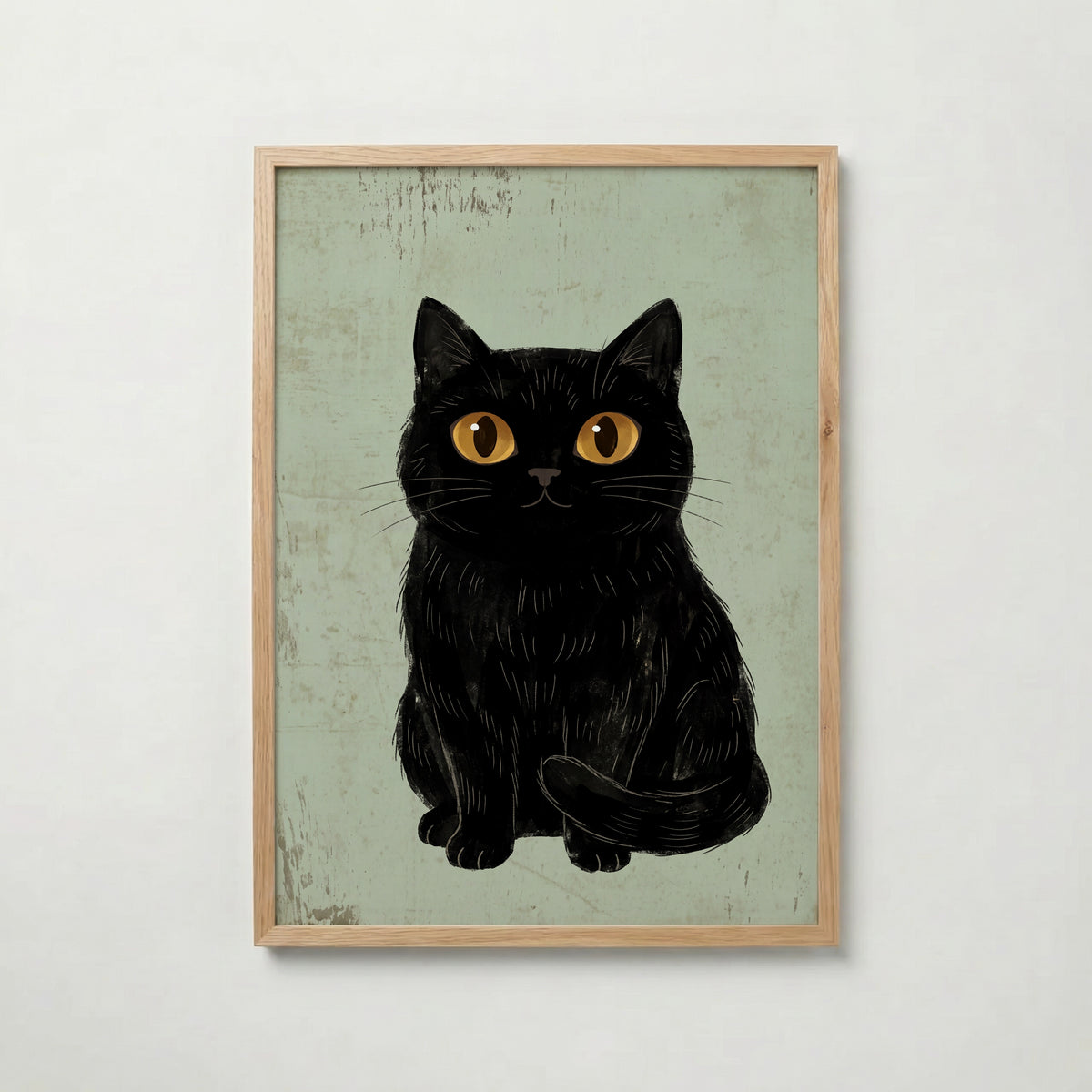 Curious Cat Poster, naivistisk svart katt med stora gula ögon i ekram, tryckt i Sverige av Bozetto