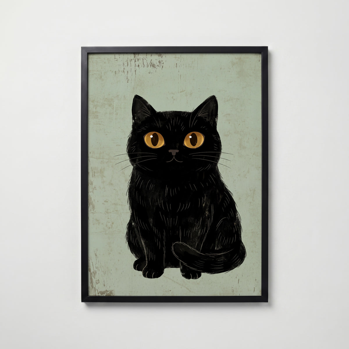 Curious Cat Poster, naivistisk svart katt med stora gula ögon i svart ram, konsttryck från Bozetto