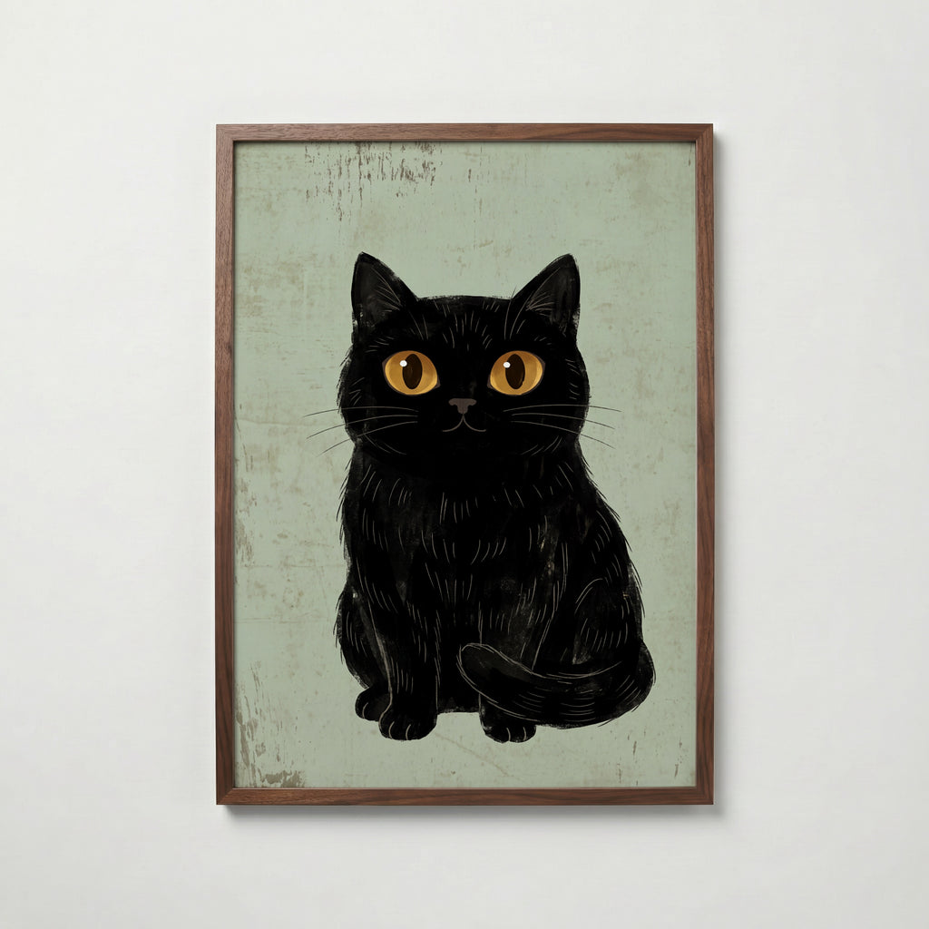 Curious Cat Poster, naivistisk svart katt med stora gula ögon i valnötsram, fri frakt över 499 kr hos Bozetto