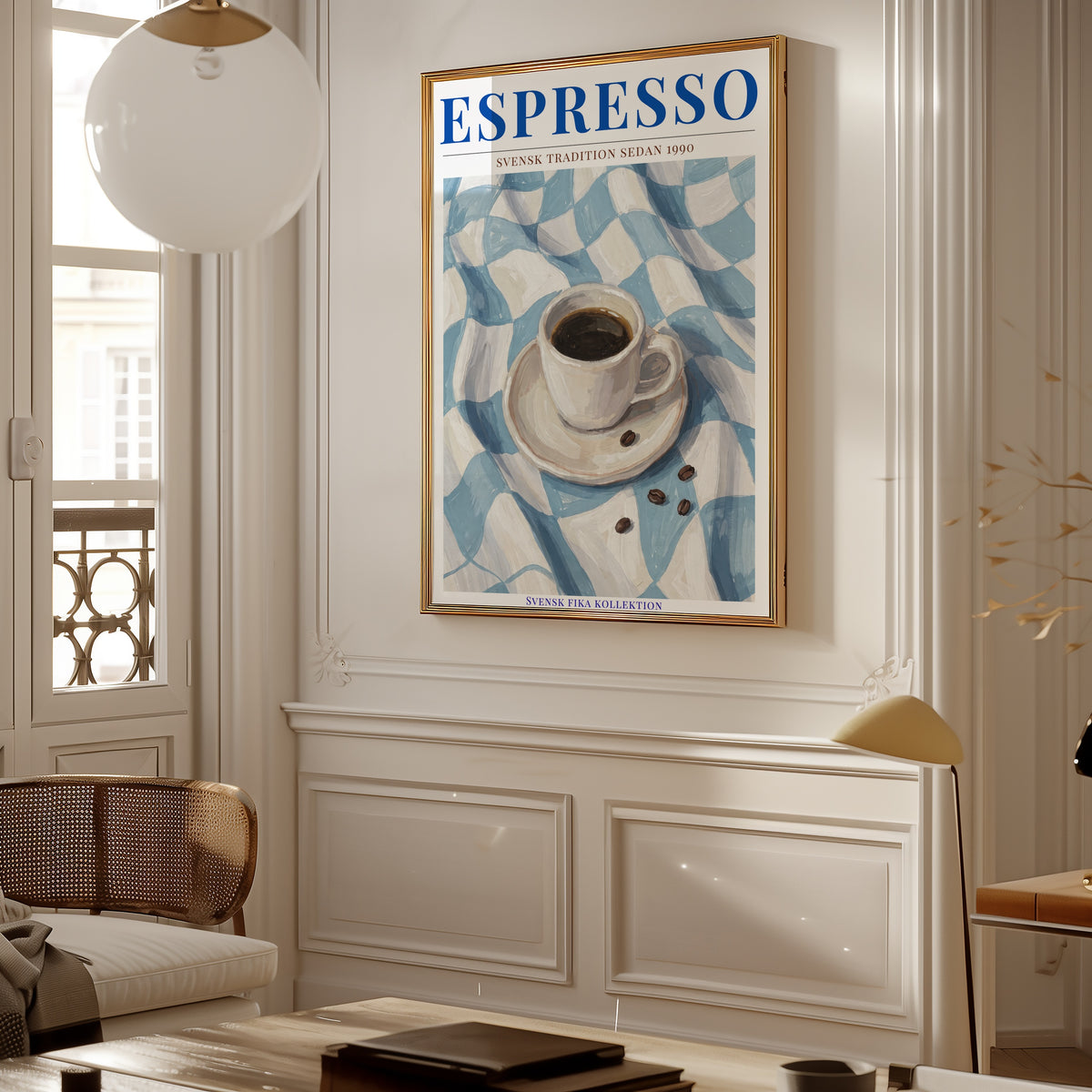 Espresso affisch i ljust vardagsrum – Bozetto konsttryck i hög tryckkvalitet