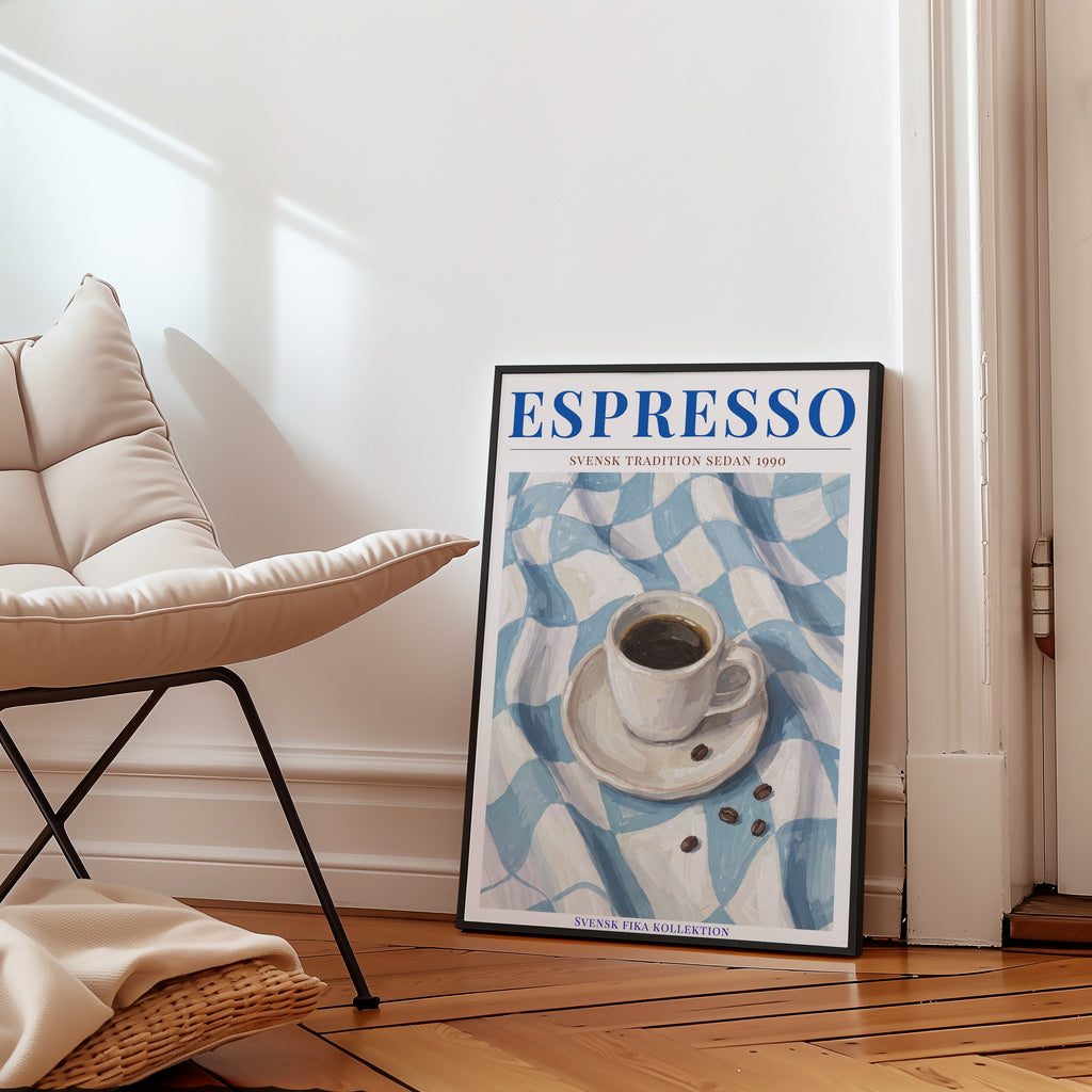 Espresso affisch i minimalistiskt rum – Bozetto konsttryck i hög tryckkvalitet